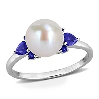 Julianna B 14K White Gold 8-8.5mm Pearl & Created Blue Sapphire Ring