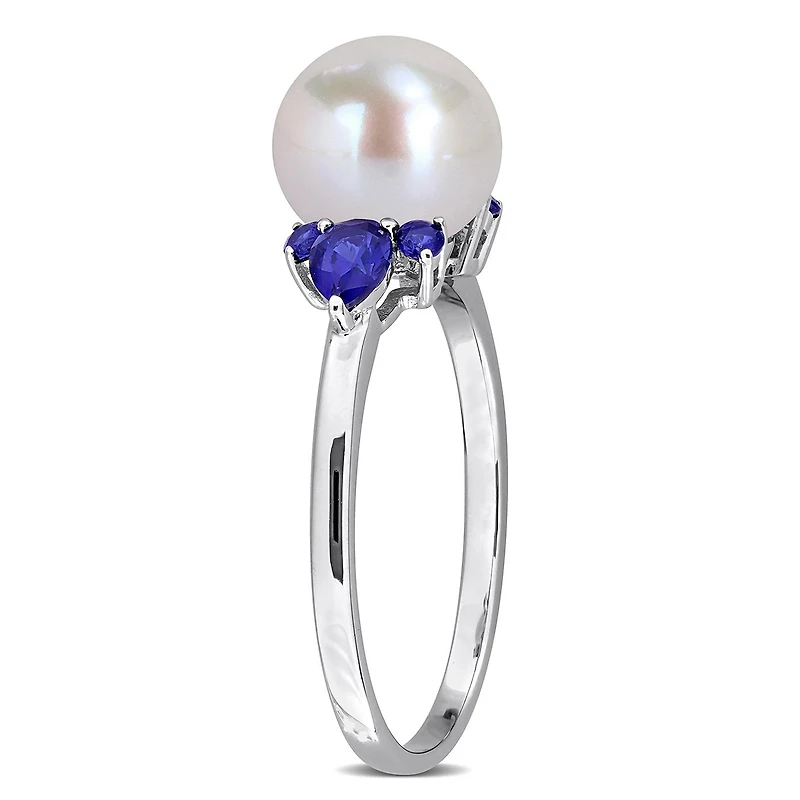 Julianna B 14K White Gold 8-8.5mm Pearl & Created Blue Sapphire Ring