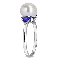 Julianna B 14K White Gold 8-8.5mm Pearl & Created Blue Sapphire Ring