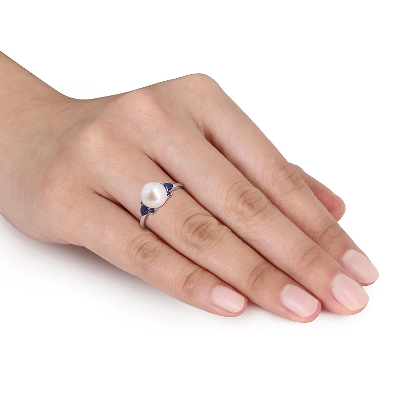 Julianna B 14K White Gold 8-8.5mm Pearl & Created Blue Sapphire Ring
