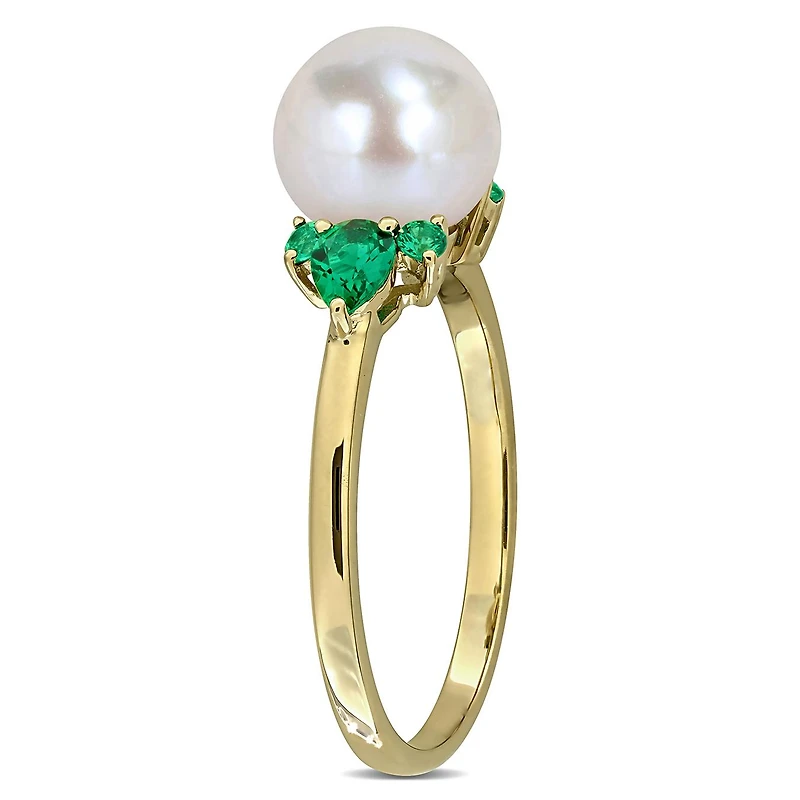 Julianna B 14K Yellow Gold 8-8.5mm Pearl & Created Emerald Ring