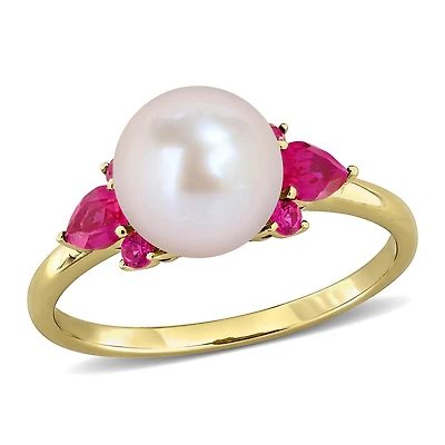 Julianna B 14K Yellow Gold 8-8.5mm Pearl & Created Ruby Ring