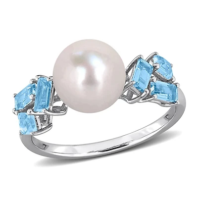 Julianna B 10K White Gold 8-8.5mm Pearl & Blue Topaz Ring