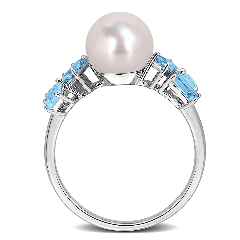 Julianna B 10K White Gold 8-8.5mm Pearl & Blue Topaz Ring