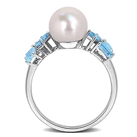 Julianna B 10K White Gold 8-8.5mm Pearl & Blue Topaz Ring