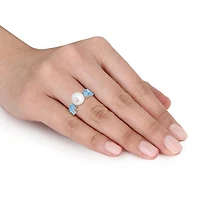Julianna B 10K White Gold 8-8.5mm Pearl & Blue Topaz Ring