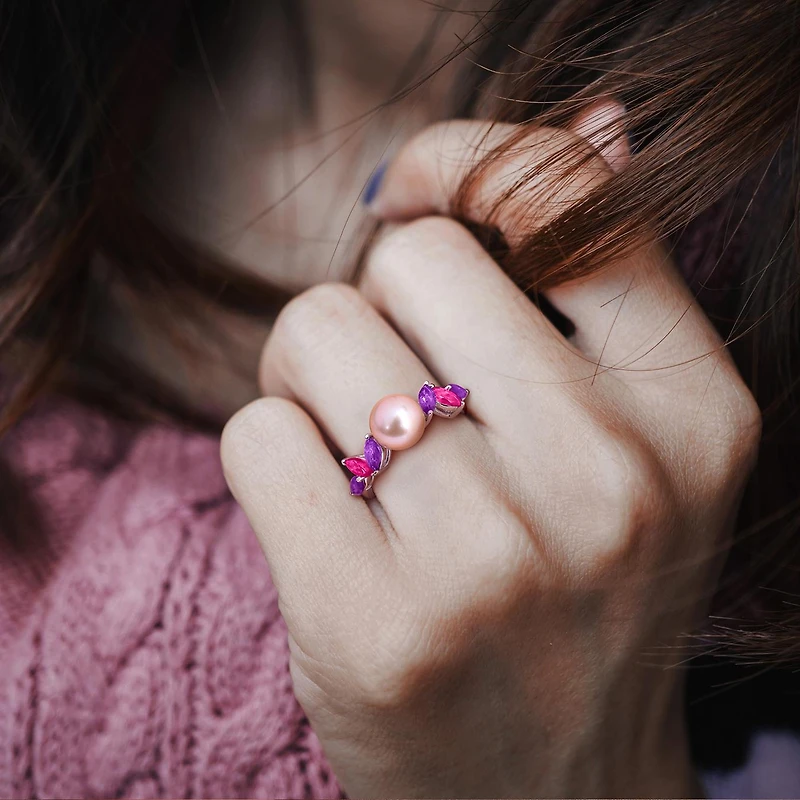 Julianna B Sterling Silver 7.5-8MM Pink Pearl, Amethyst & Topaz Ring