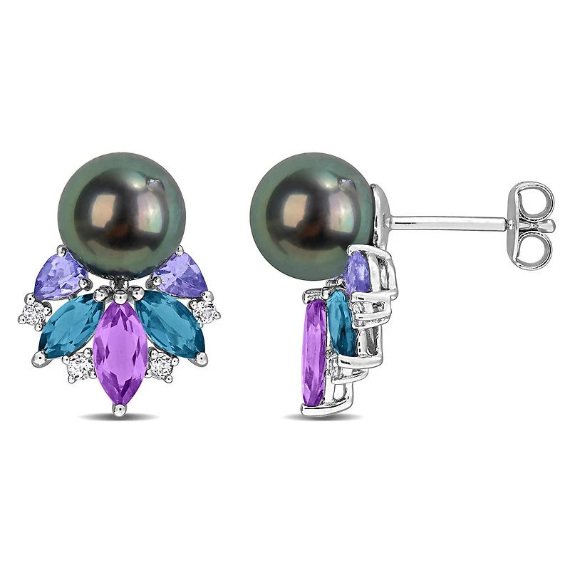Julianna B Sterling Silver Tahitian Pearl, Amethyst, Tanzanite, & Topaz Earrings