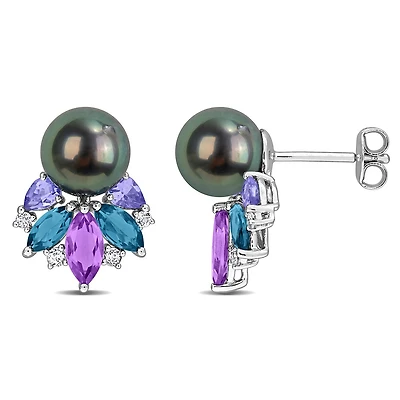 Julianna B Sterling Silver Tahitian Pearl, Amethyst, Tanzanite, & Topaz Earrings