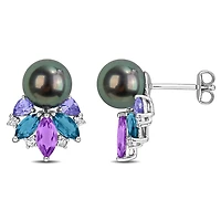 Julianna B Sterling Silver Tahitian Pearl, Amethyst, Tanzanite, & Topaz Earrings