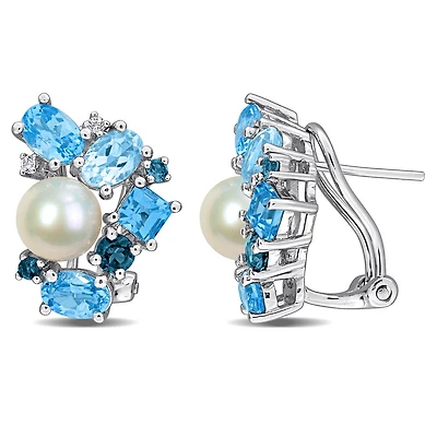 Julianna B Sterling Silver 7-7.5mm Pearl, White & Blue Topaz Earrings