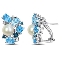 Julianna B Sterling Silver 7-7.5mm Pearl, White & Blue Topaz Earrings