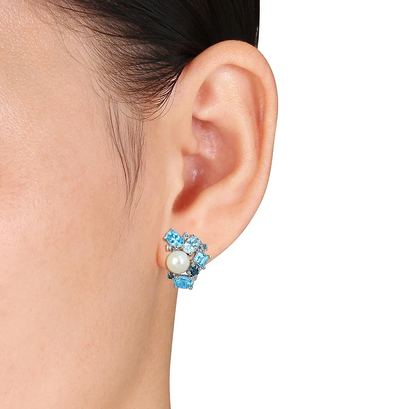 Julianna B Sterling Silver 7-7.5mm Pearl, White & Blue Topaz Earrings