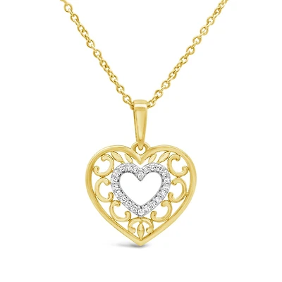 Loving Hearts Diamond Filigree Heart Pendant in 10K Yellow Gold