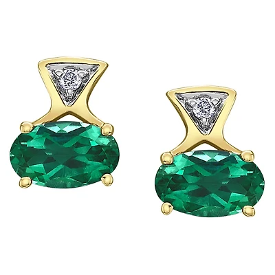 10K Yellow Gold Emerald & Diamond Earrings