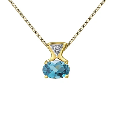 10K Yellow Gold Blue Topaz & Diamond 18" Pendant