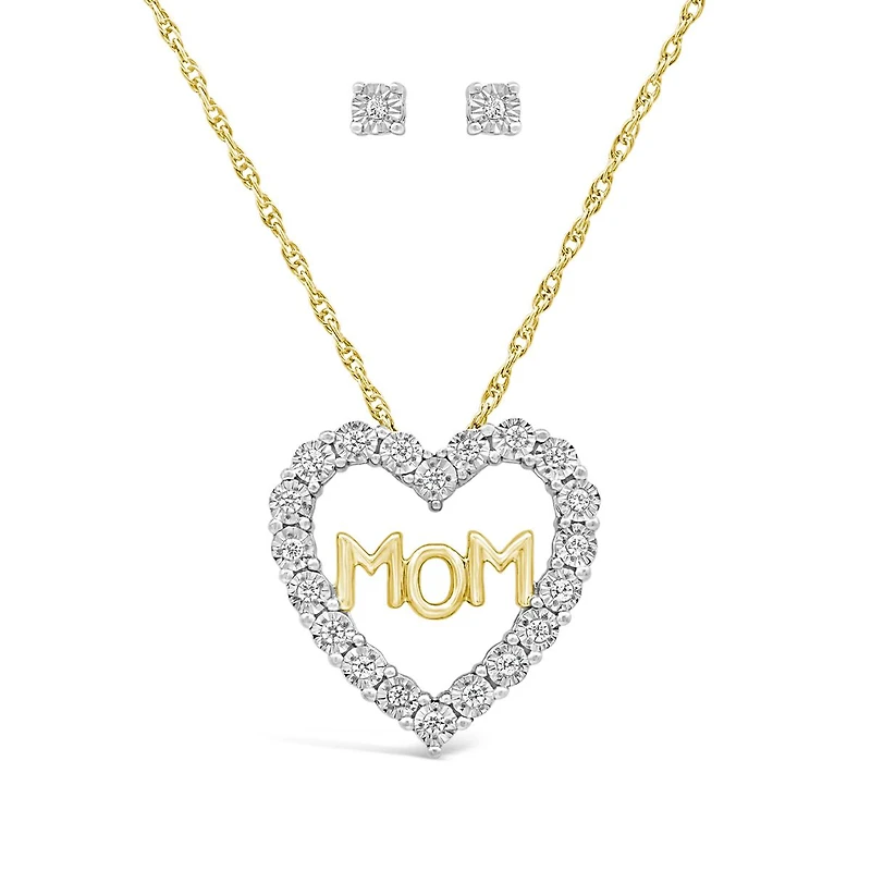 Lab Grown 0.10CTW Mom Diamond Pendant & Earring Set in 18K Yellow Gold Vermeil