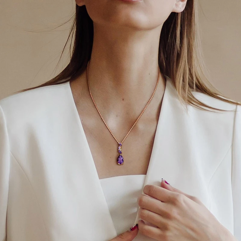 Julianna B 10K Rose Gold Amethyst & Diamond Drop Pendant 17"