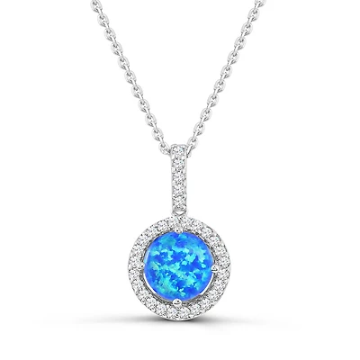 Sterling Silver Created Blue Opal & Created White Sapphire Pendant 18"