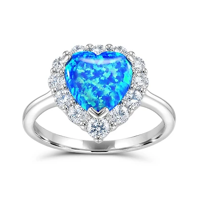 Sterling Silver Created Blue Opal & Created White Sapphire Heart Ring