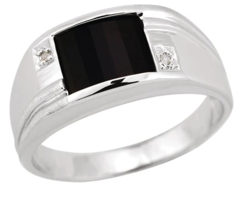 10K White Gold Barrel Cut Onyx Diamond Men's Ring
