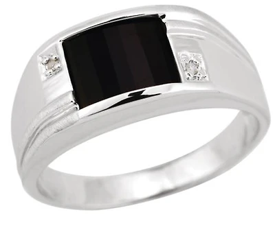 10K White Gold Barrel Cut Onyx Diamond Men's Ring
