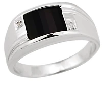 10K White Gold Barrel Cut Onyx Diamond Men's Ring