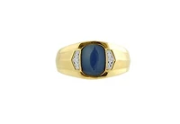 10K Yellow Gold Created Blue Star Sapphire and Diamond Men's Ring