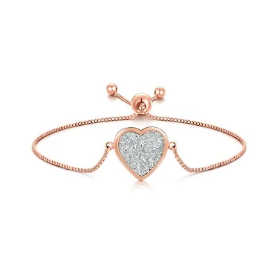 Sterling Silver Rose Plated Glitter Heart Bolo Bracelet
