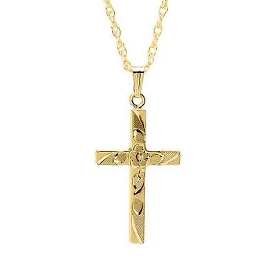 14K Yellow Gold Filled 18" Floral Engraved Cross