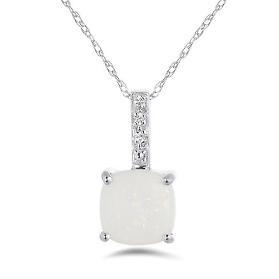 10K White Gold Genuine Opal & Diamond Pendant