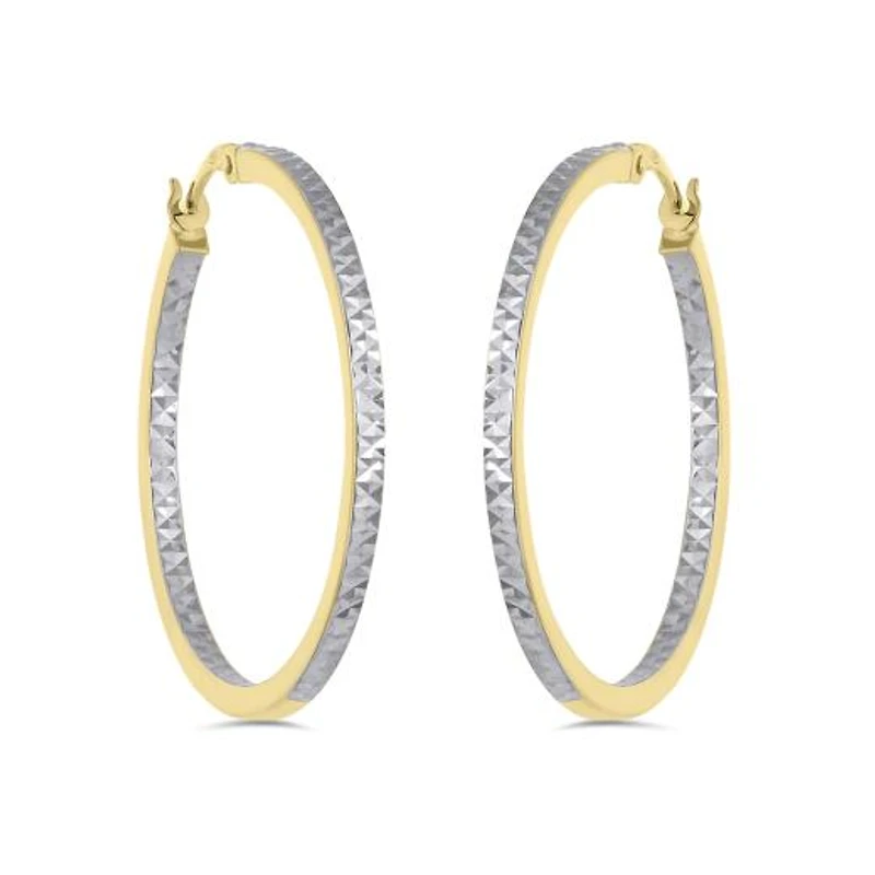 10K Yellow and White Gold Diamond Cut Hoop Earrings