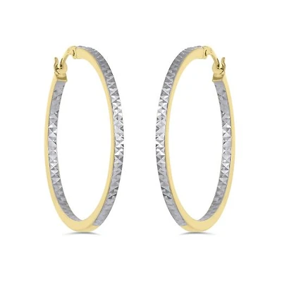10K Yellow and White Gold Diamond Cut Hoop Earrings