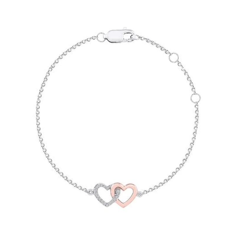 Sterling Silver 10K Rose Gold Diamond Heart Bracelet