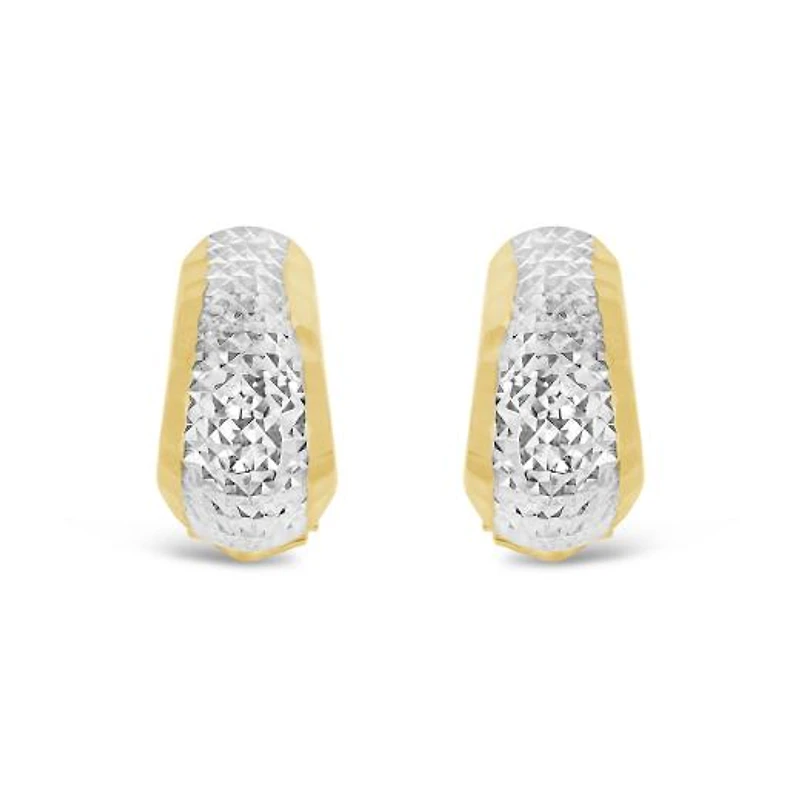 10K Yellow and White Gold Diamond Cut Huggies with Omega Back