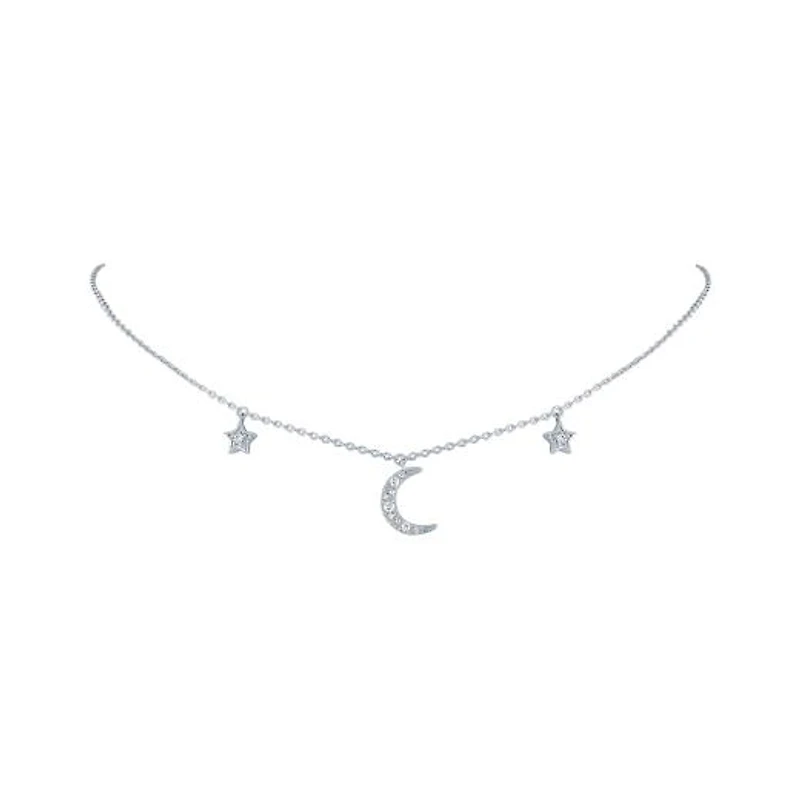 Sterling Silver Diamond Moon & Star Necklace