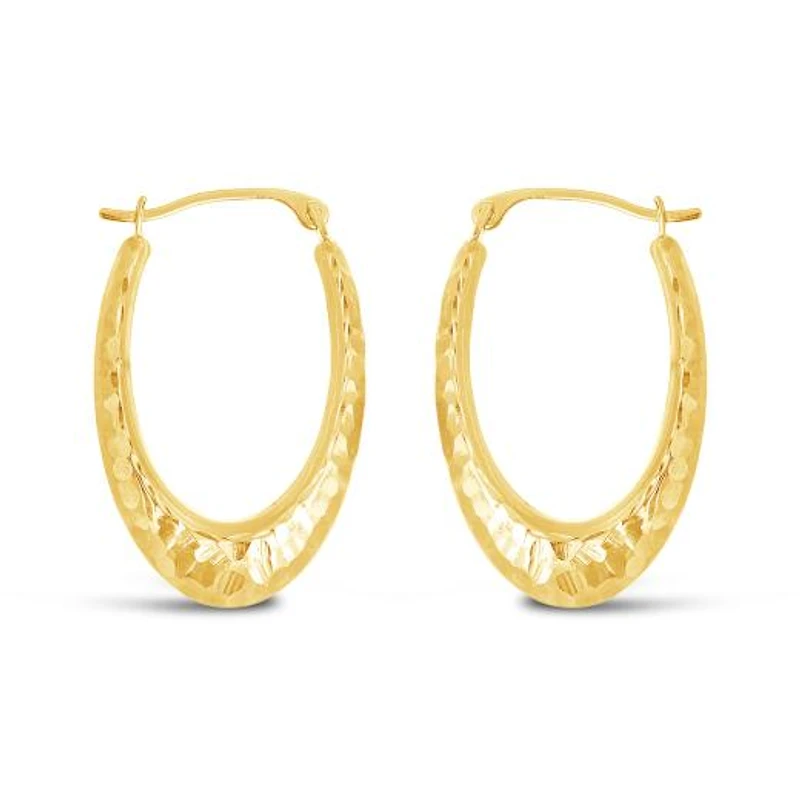 10K Yellow and White Gold Diamond Cut Oval Creole Hoops
