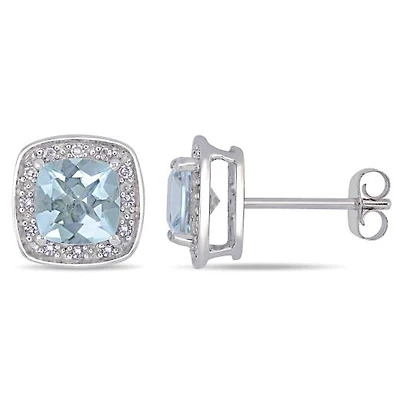 Julianna B 10K White Gold Aquamarine & 0.10CTW Diamond Halo Earrings