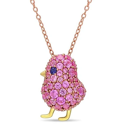 Julianna B Sterling Silver Created Blue & Created Pink Sapphire Bird Necklace