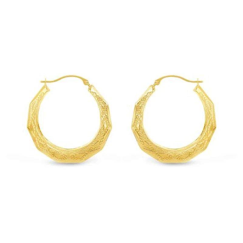 10K Yellow Gold Patterned Round Creole Earrings
