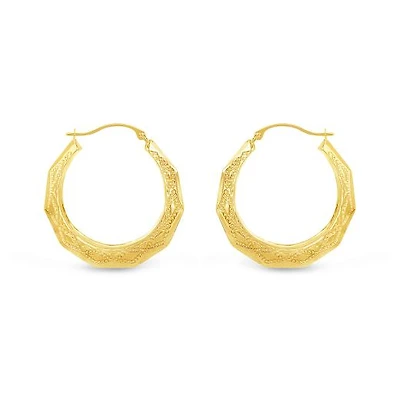 10K Yellow Gold Patterned Round Creole Earrings