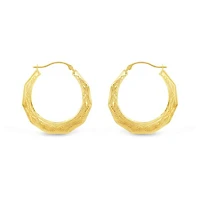 10K Yellow Gold Patterned Round Creole Earrings