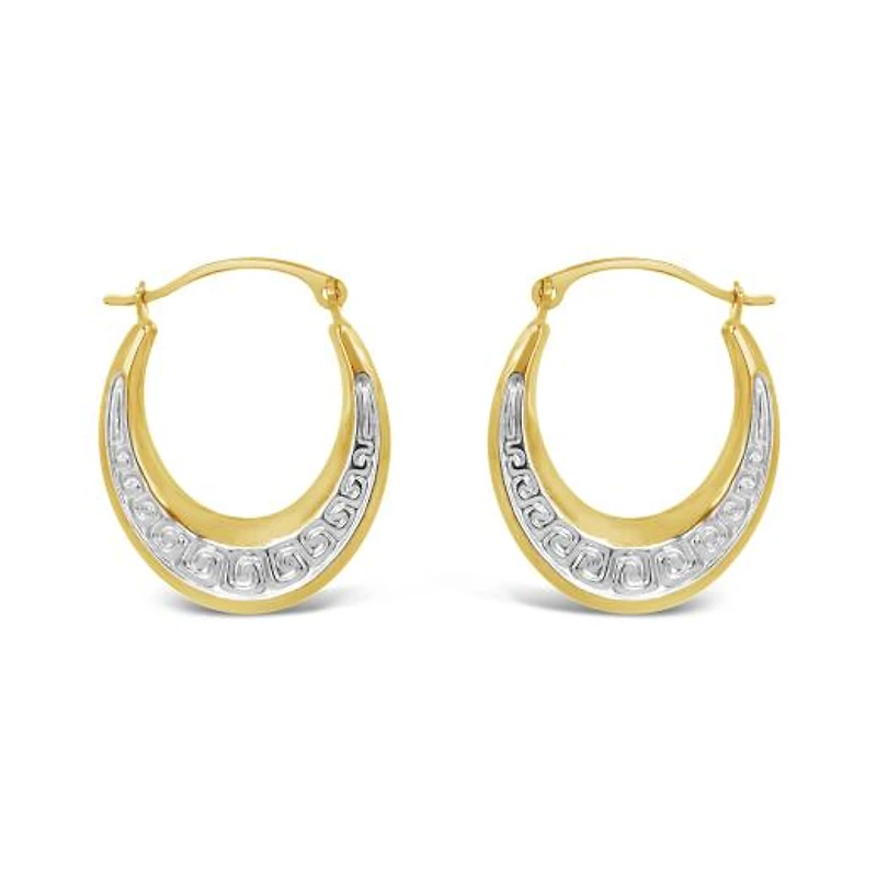 10K Yellow and White Gold Patterned Oval Creole Earrings