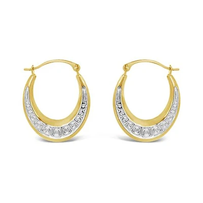 10K Yellow and White Gold Patterned Oval Creole Earrings