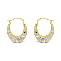 10K Yellow and White Gold Patterned Oval Creole Earrings