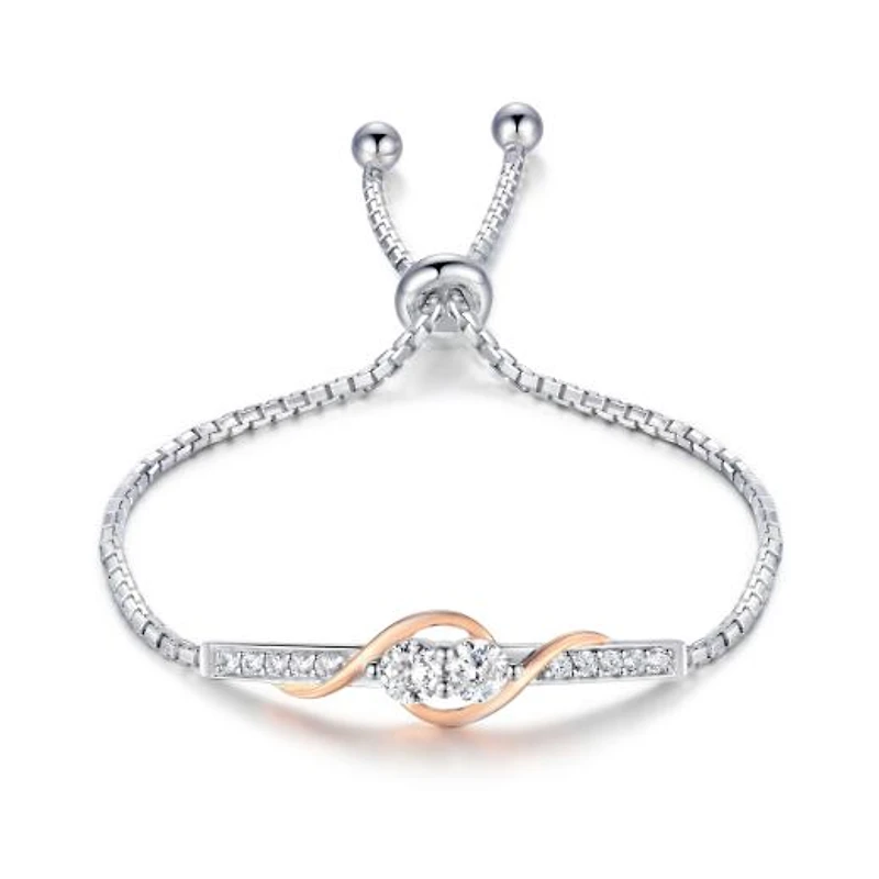 Sterling Silver Rose Plated Cubic Zirconia Bolo Bracelet