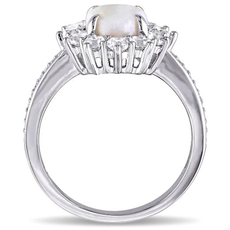 Julianna B Sterling Silver Opal and 0.10CTW Diamond and White Topaz Halo Ring