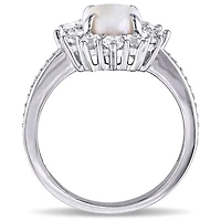 Julianna B Sterling Silver Opal and 0.10CTW Diamond and White Topaz Halo Ring