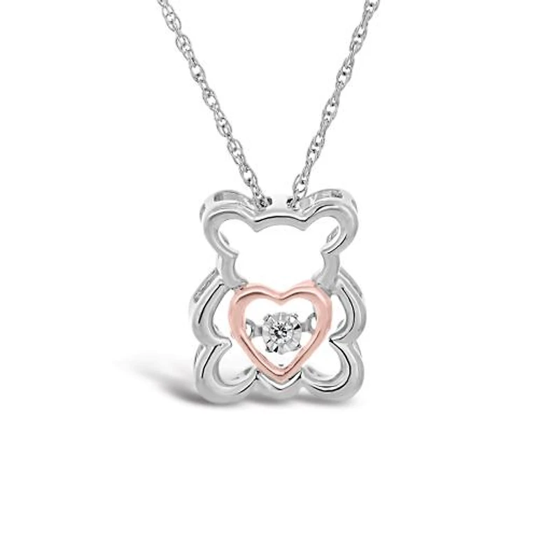 Sterling Silver 10K Rose Gold Dancing Diamond Teddy Bear Pendant