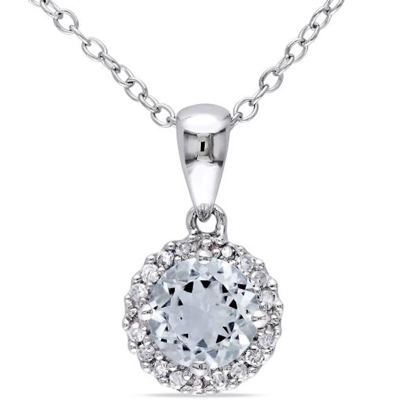 Julianna B Sterling Silver 0.08CTW Diamond & Aquamarine Halo Pendant